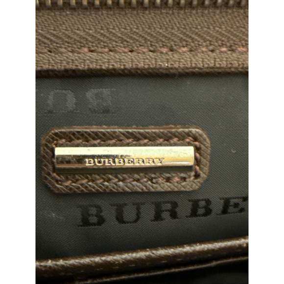 Burberry Logo Plate Saffiano Clutch Wristlet Bag Brown